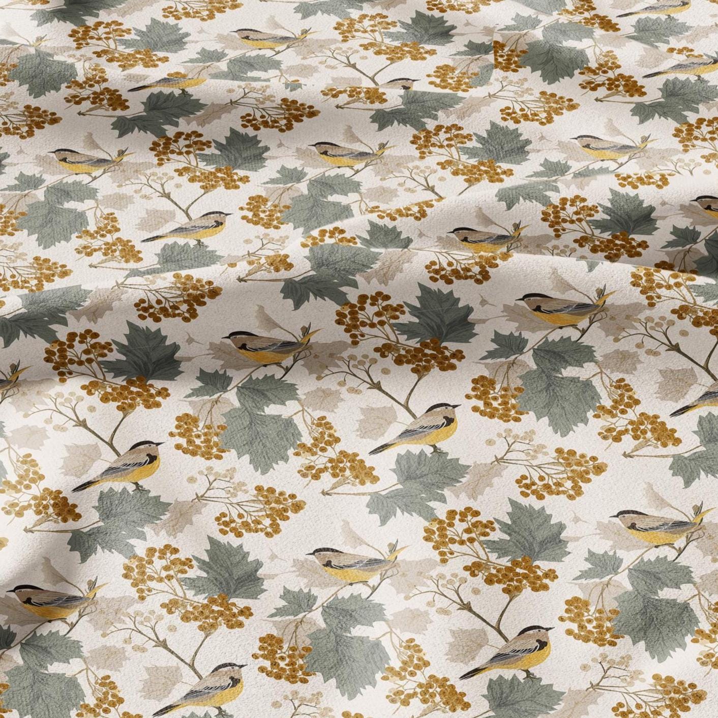 100% LINEN Fabric Autum yellow birds linen - floral fabric for upholstery home decor dress making 3010