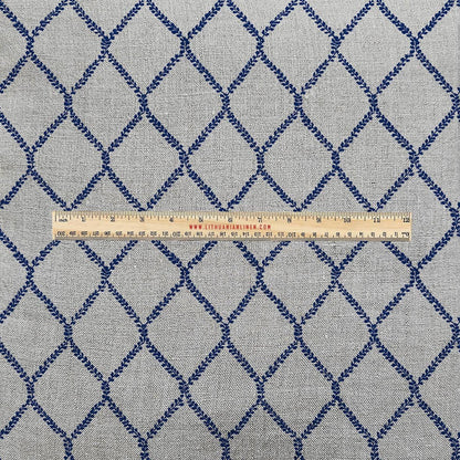 100% LINEN Fabric UPHOLSTERY 12oz - Blue trellis on natural taupe grey linen - Modern vintage Grandmillenial floral upholstery 2949