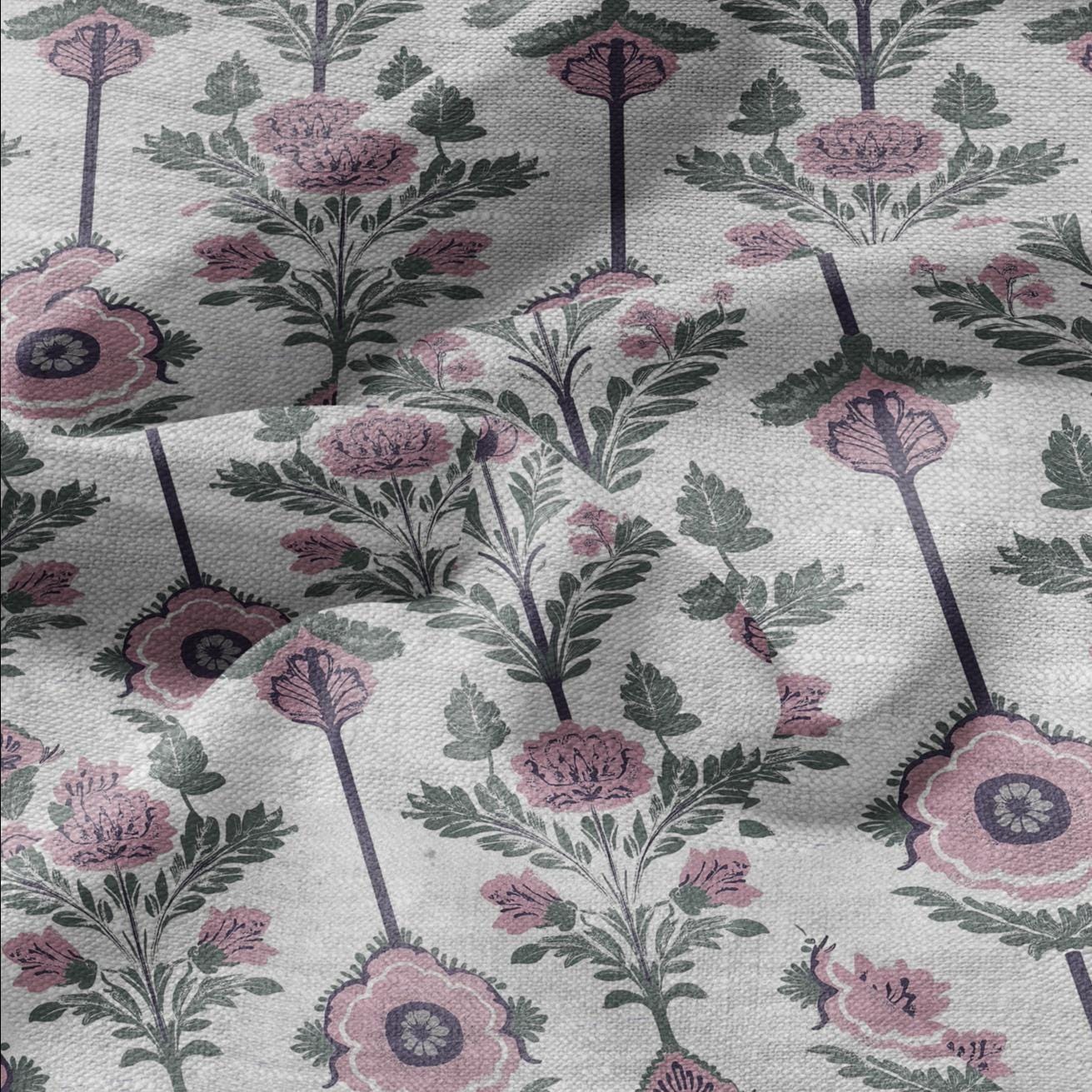 100% LINEN Fabric preppy pink stripes - floral geometric print on oatmeal linen for home decor sewign dress clothing 2861