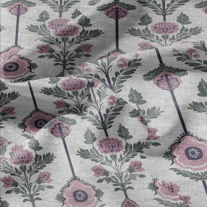 100% LINEN Fabric preppy pink stripes - floral geometric print on oatmeal linen for home decor sewign dress clothing 2861