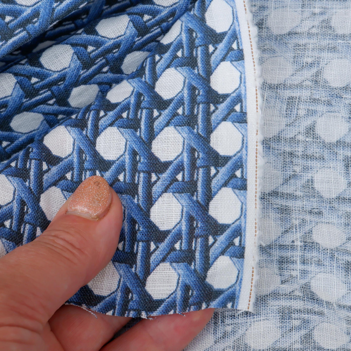 100% LINEN Fabric Blue bamboo trellis - botanical textile artisan fabrics blue white 3687
