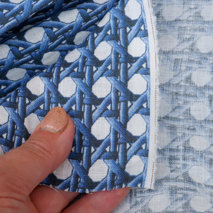 100% LINEN Fabric Blue bamboo trellis - botanical textile artisan fabrics blue white 3687