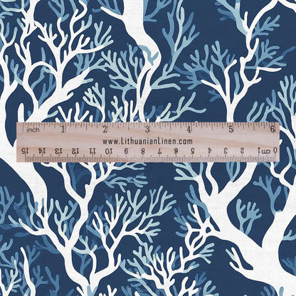 100% LINEN Fabric block print blue on white - Blue coral - heavy linen fabric for upholstery home decor or medium for dress making 2295