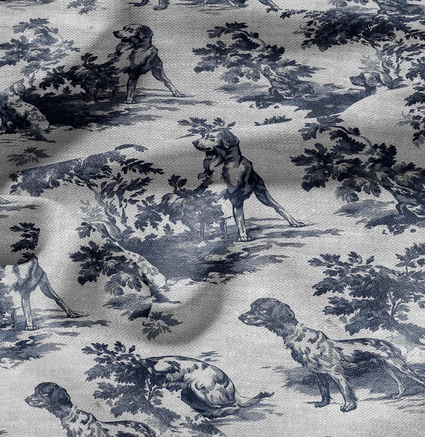 100% LINEN Fabric Toile de jouy Dog - linen Fabric by the Yard by LithuanianLinen for upholstery dressmaking curtains home textile