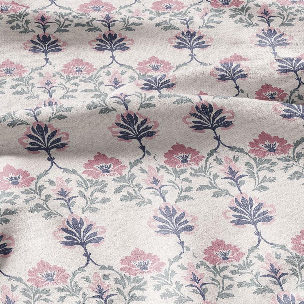 100% LINEN Fabric oriental print - preppy pink floral block print - upholstery home decor clothing  sewing 2375