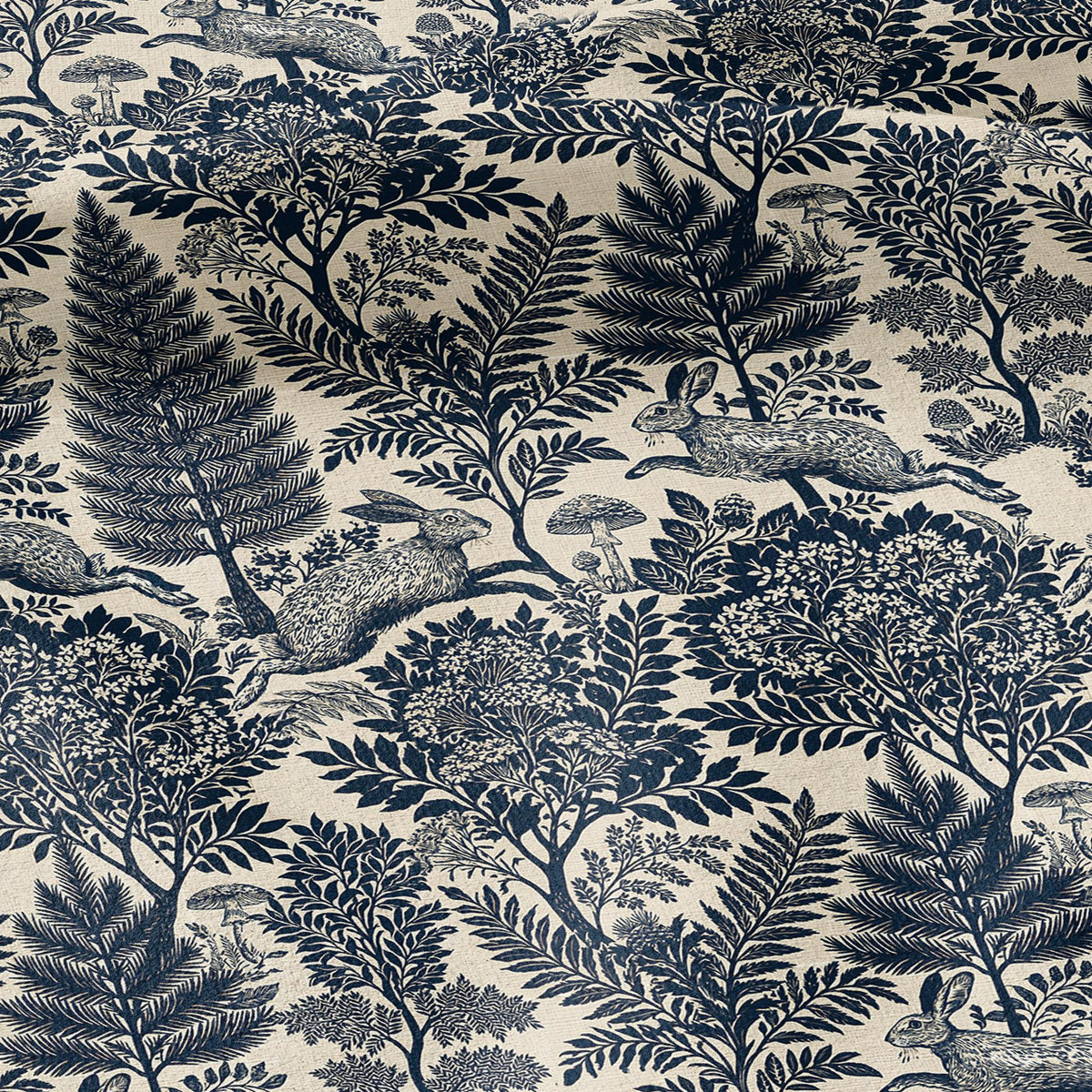 100% LINEN Fabric Woodland - Navy blue beige floral print with Rabbit bunny Neutral Fabric by the Yard by LithuanianLinen 3871