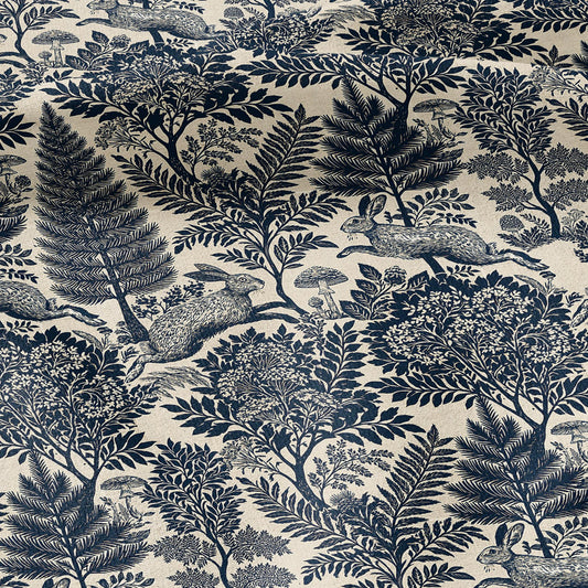 100% LINEN Fabric Woodland - Navy blue beige floral print with Rabbit bunny Neutral Fabric by the Yard by LithuanianLinen 3871