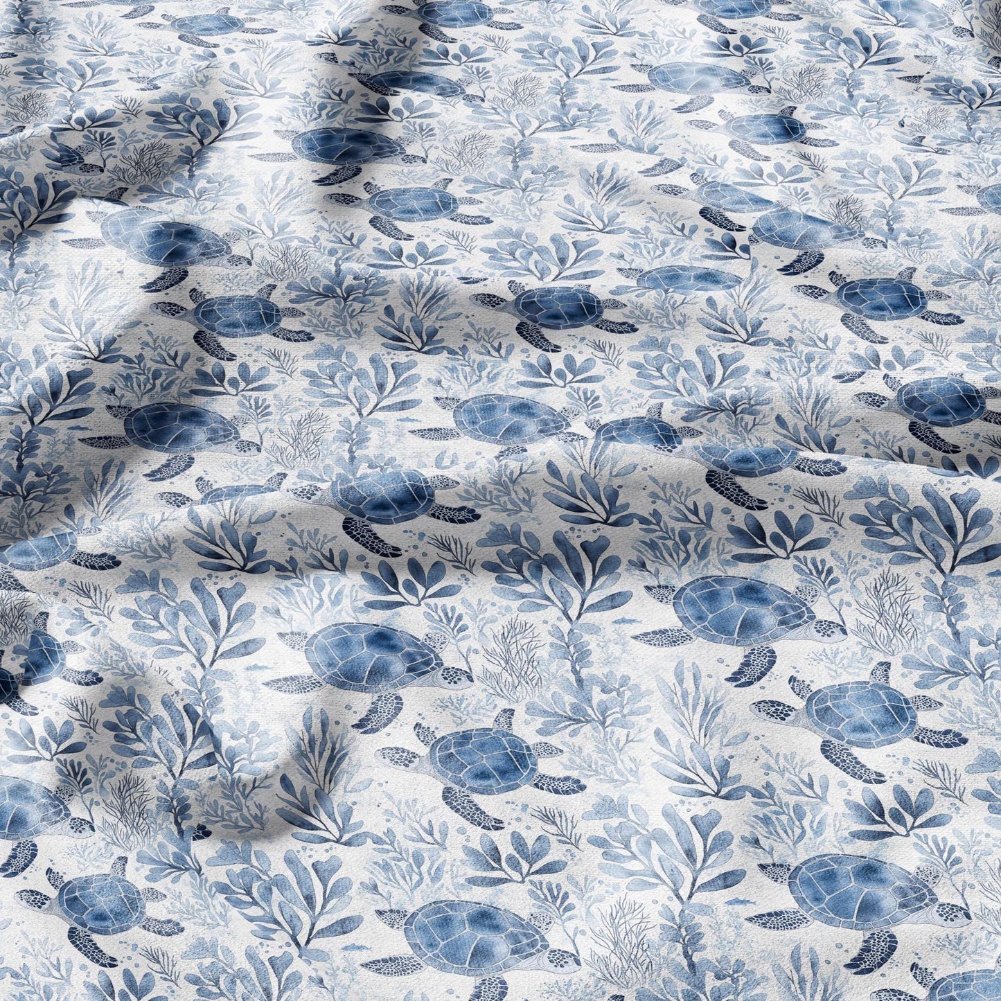 100% LINEN Fabric Toile de Jouy TURTLE in the see - white fabric with blue print heavy linen for upholstery or medium for dress making