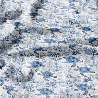 100% LINEN Fabric Toile de Jouy TURTLE in the see - white fabric with blue print heavy linen for upholstery or medium for dress making