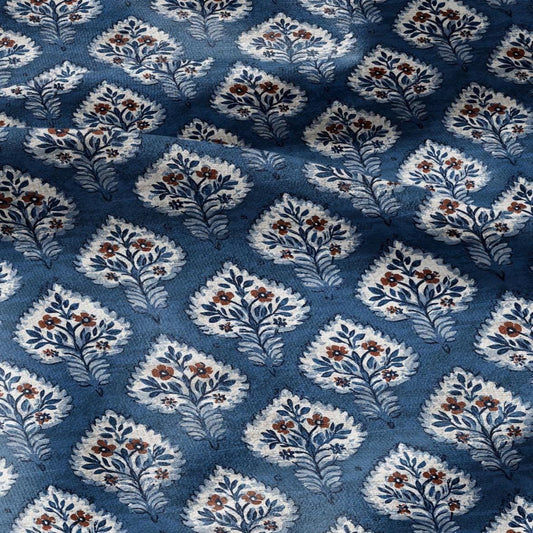 100% LINEN Fabric Blue leaves print - modern vintage indigo fabric for upholstery or home decor sewing 2931