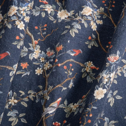 100% LINEN Fabric Toile de Jouy in navy blue, botanical flax fabric with indigo blue print, French linen floral Birds on the tree