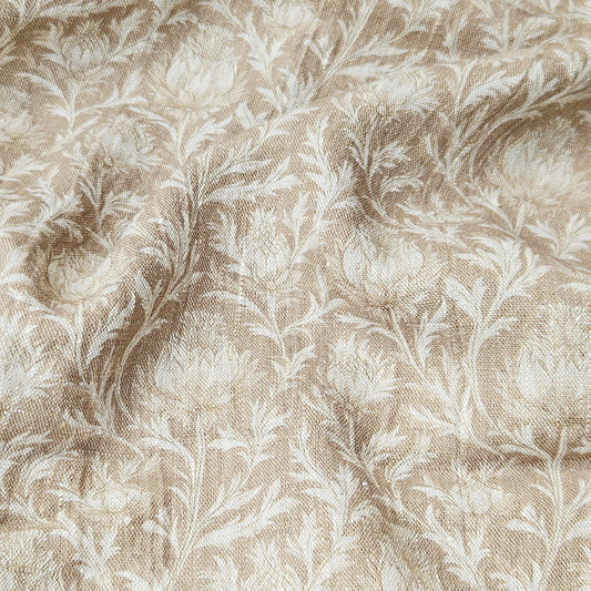 100% LINEN Fabric Thistle beige print on oatmeal - Hand Drawn Floral Vintage - for upholstery home decor curtains pillowcases 2043