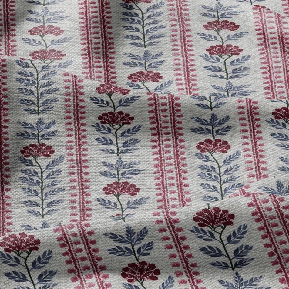 100% LINEN Fabric print Stripe red flower gray - Roses oatmeal linen fabric with botanical print - heavy for home decor clothing 3091