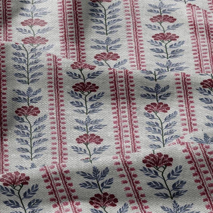 100% LINEN Fabric print Stripe red flower gray - Roses oatmeal linen fabric with botanical print - heavy for home decor clothing 3091