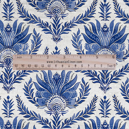 100% LINEN Fabric UPHOLSTERY 12oz - French blue block print on white linen - toile de jouy fabric - floral upholstery heavy 305