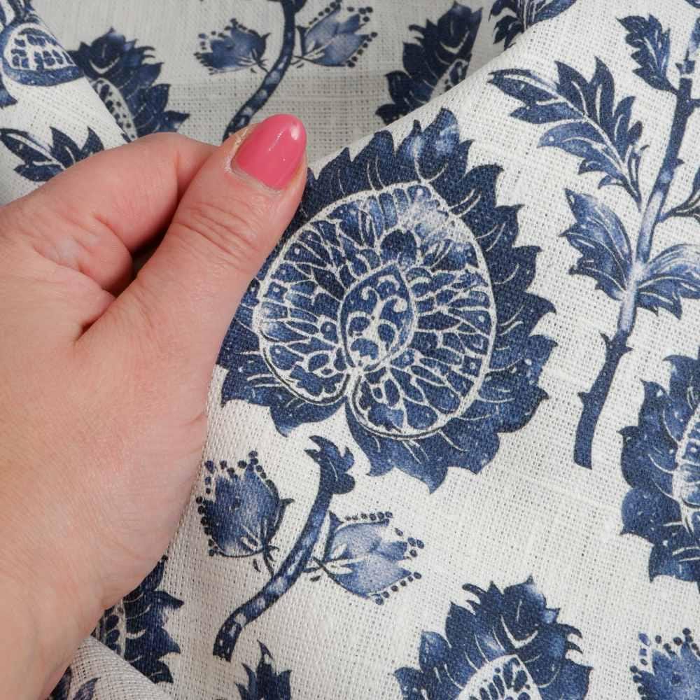 100% LINEN Fabric block print indigo blue on white - floral print heavy linen fabric for upholstery home decor sewing 2009