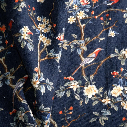 100% LINEN Fabric Toile de Jouy in navy blue, botanical flax fabric with indigo blue print, French linen floral Birds on the tree