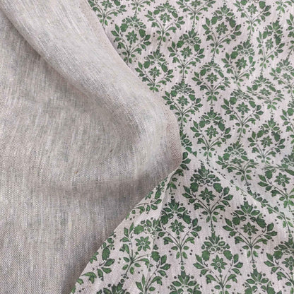 100% LINEN Fabric french green block print on oatmeal natur linen, upholstery linen fabric for home decor 340