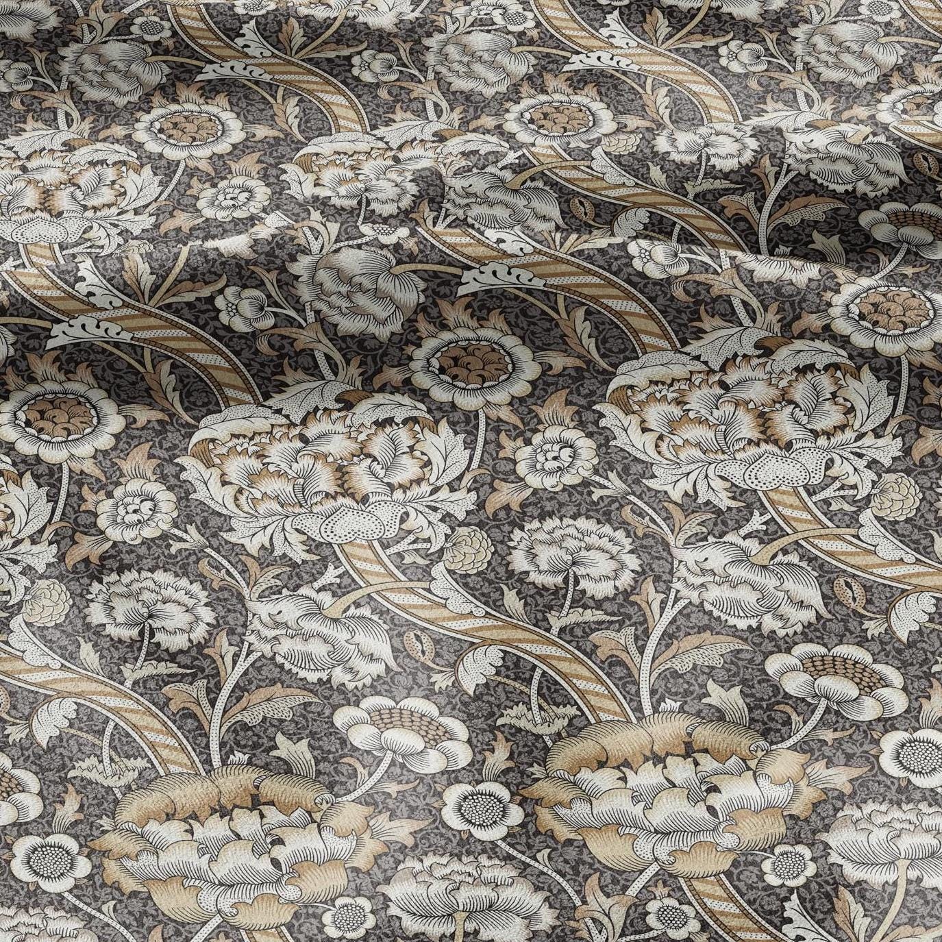 William Morris Wandle brown beige print on 100% LINEN - Victorian Art crafts linen - botanical Historical upholstery home textile 3170