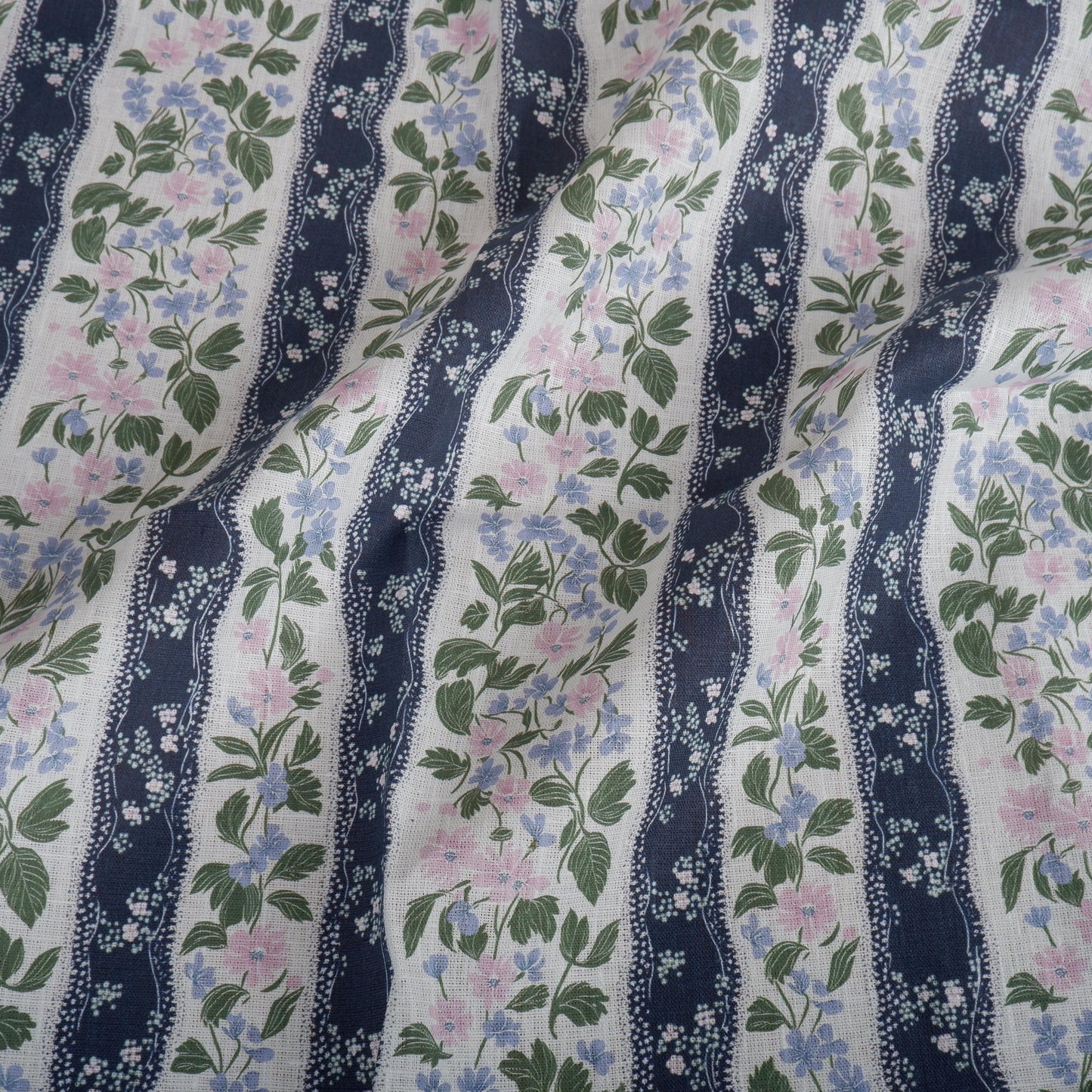 100% LINEN Fabric floral stripe print - mediterranean fabric print navy blue green pink Clematis - linen fabric upholstery dress making 2202