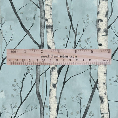 100% LINEN Fabric Brich tree print - Modern vintage blue lanscape forest  - upholstery curtains dress making 2382