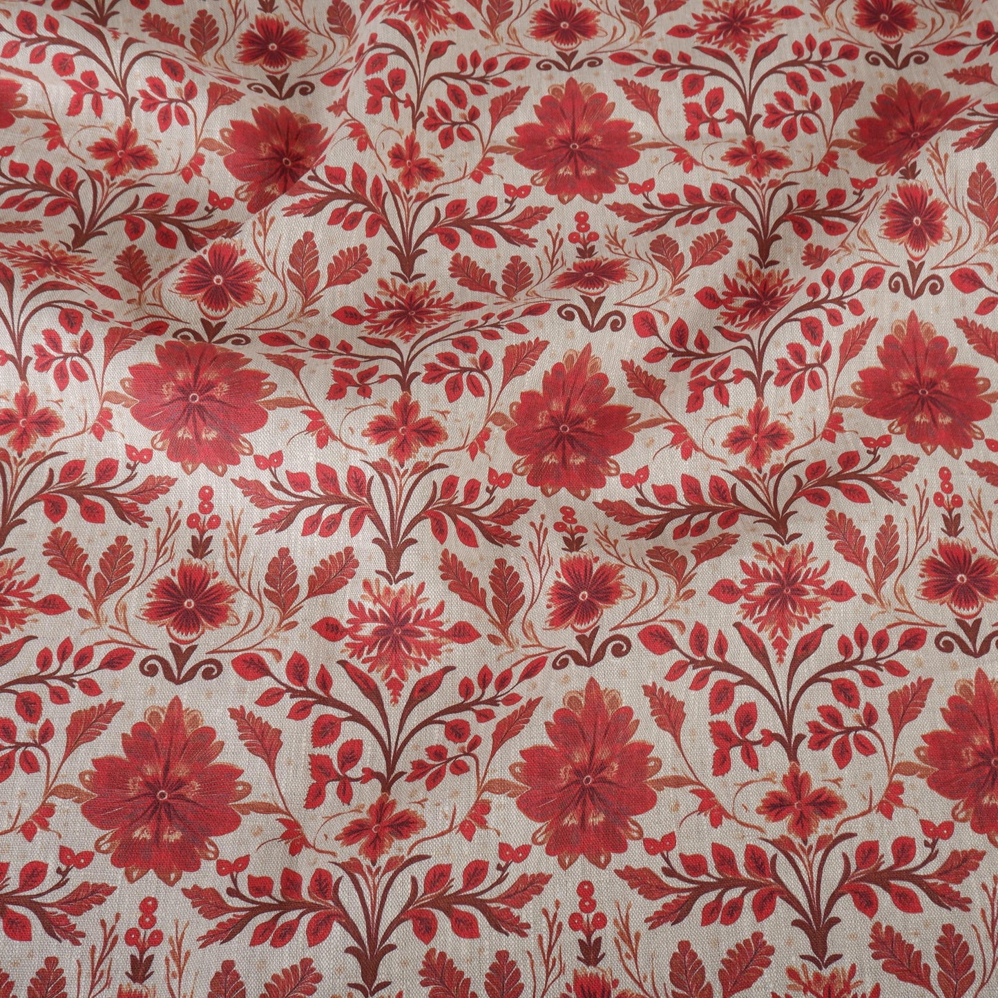 100% LINEN Fabric red floral print on oatmeal natur linen - love red flower fabric - French linen floral upholstery dress making 2036