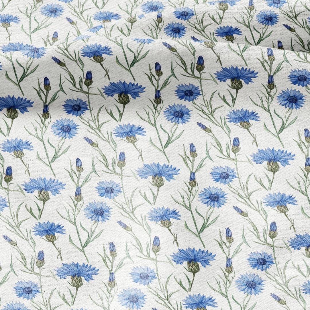 100% LINEN Fabric Block print Cornflower flower - floral upholstery home textile artisan fabrics blue green white 3039