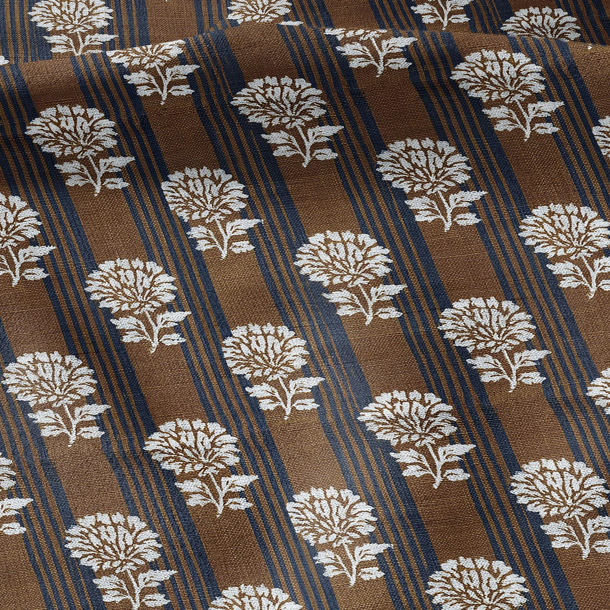 100% LINEN Fabric Brown blue flower block print - botanical textile artisan fabrics  3800