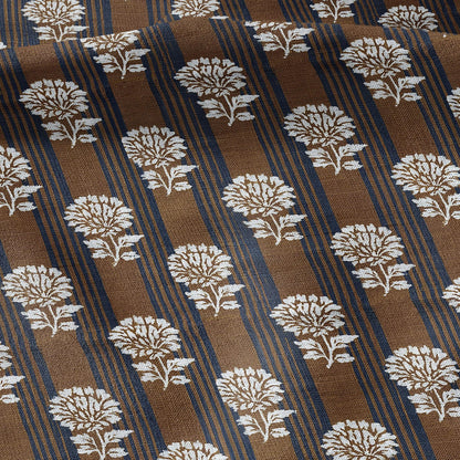 100% LINEN Fabric Brown blue flower block print - botanical textile artisan fabrics  3800