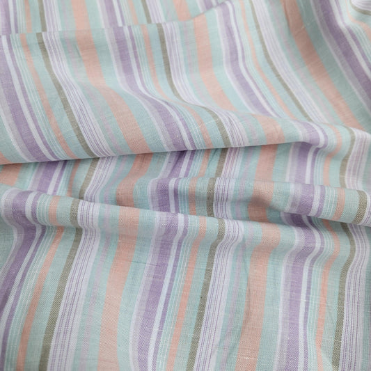 Premium Linen striped Fabric in pastel purple pink white | Medium weight multicolor stripes Roskilde Stripe for clothing home textile