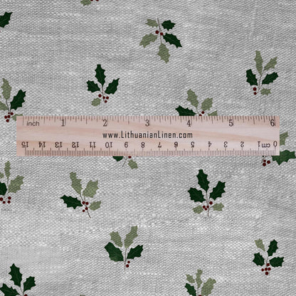 100% LINEN Fabric Green leaves on grey - oatmeal linen fabric with botanical print for upholstery home decor 3094
