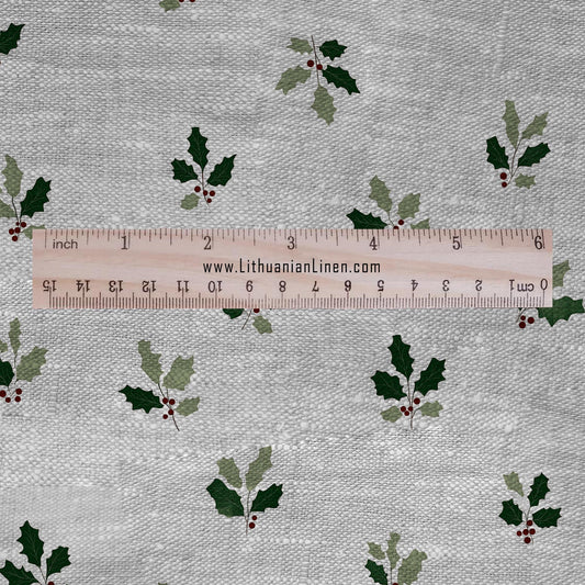 100% LINEN Fabric Green leaves on grey - oatmeal linen fabric with botanical print for upholstery home decor 3094