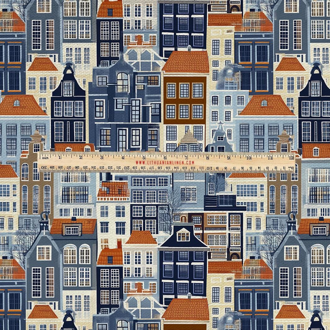 100% LINEN Fabric UPHOLSTERY 12oz - Amsterdam houses on linen - Holland Grandmillenial - landscape upholstery 2264