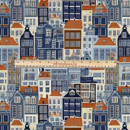 100% LINEN Fabric UPHOLSTERY 12oz - Amsterdam houses on linen - Holland Grandmillenial - landscape upholstery 2264