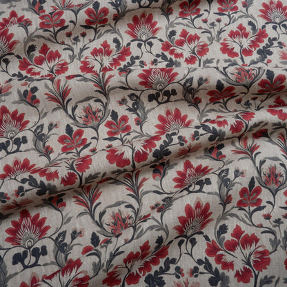 100% LINEN Fabric block print floral red black on grey, oatmeal natur linen fabric with botanical print for upholstery home decor