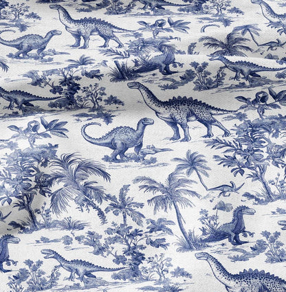 100% LINEN Fabric Toile de Jouy with dinosaures - white botanical fabric with blue indigo print - French linen floral Dino Nursery fabric