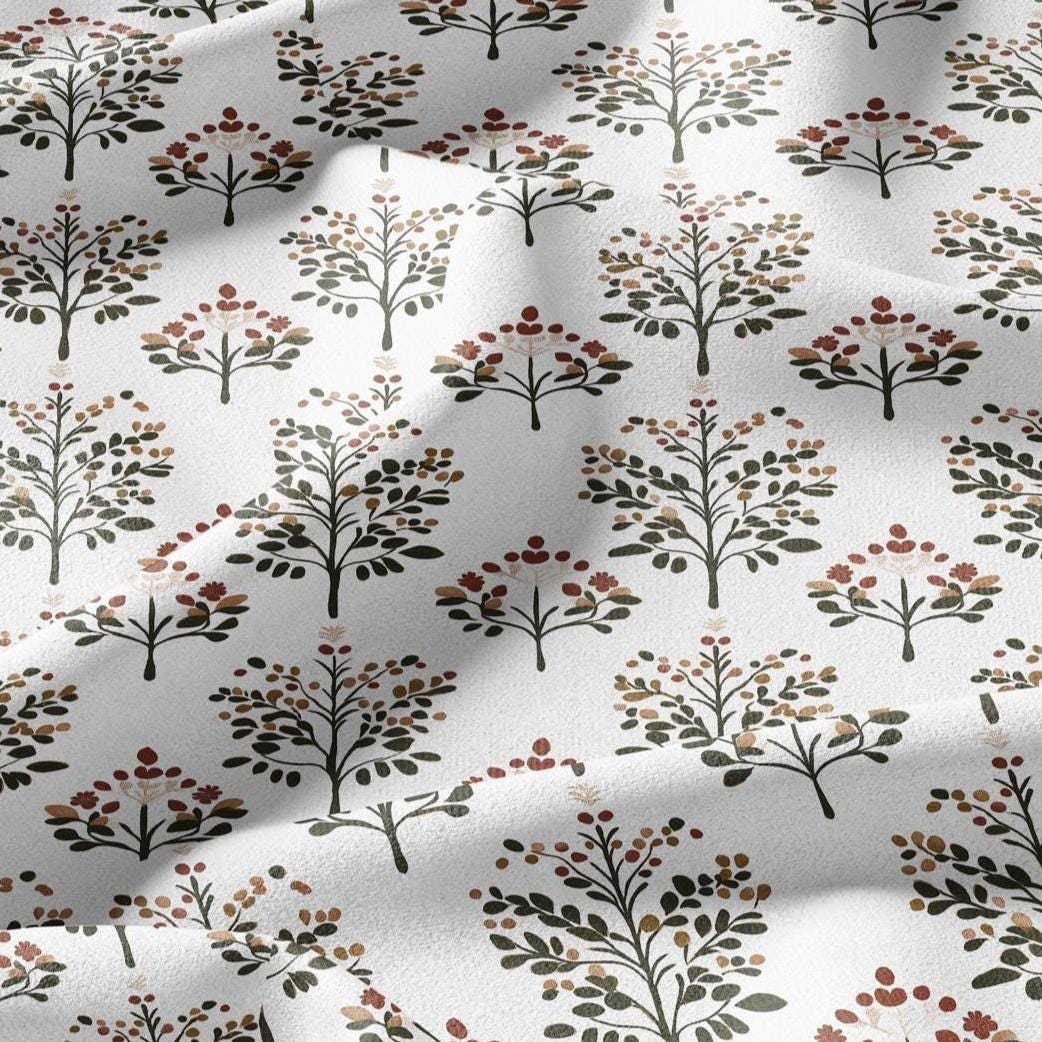 100% LINEN Fabric Block print Lotus blosoom - modern vintage botanical flower upholstery home textile artisan green yellow  white 2142