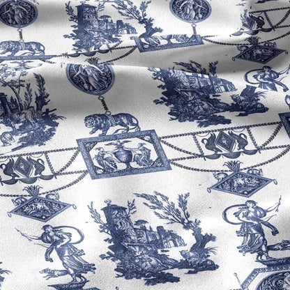 100% LINEN Fabric french blue white print - Goddess Diana with Lion - toile de jouy - Diane chasseresse by Jean-Baptiste Huet 3413