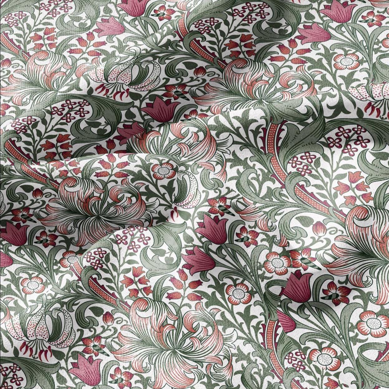 100% LINEN Fabric William Morris Golden Lily green red - British linen floral upholstery home textile Victorian fabrics 3230