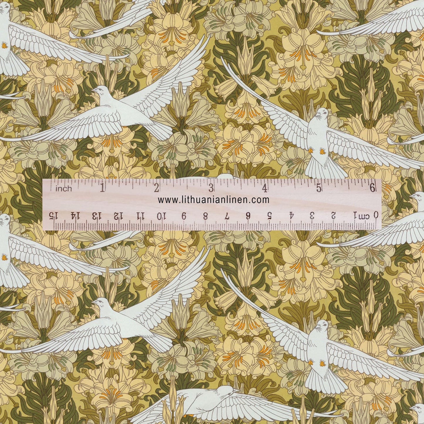 100% linen Art Nouveau Print fabric for Curtain Upholstery Cushion - Floral fabric DOVES - fabric material for dress making sewing