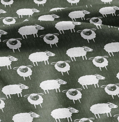 100% LINEN Fabric Sheep green white - white graphic fabric print - Scandinavian linen Modern Nursery fabric