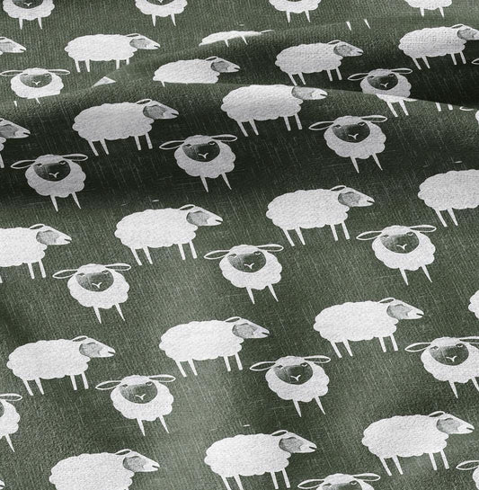 100% LINEN Fabric Sheep green white - white graphic fabric print - Scandinavian linen Modern Nursery fabric