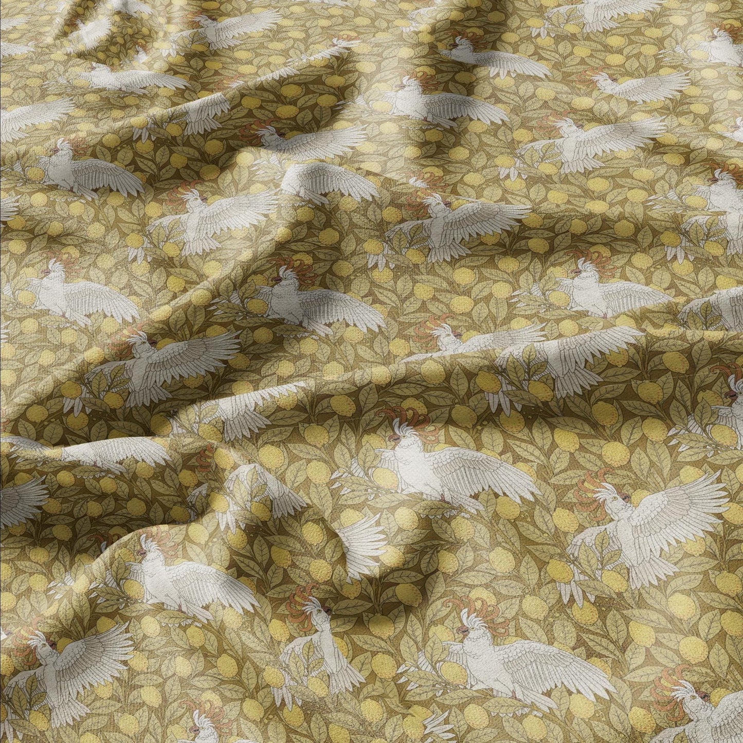 100% linen Vintage Cockatoos fabric for Curtain Upholstery Cushion - yellow white print fabric for dress making sewing
