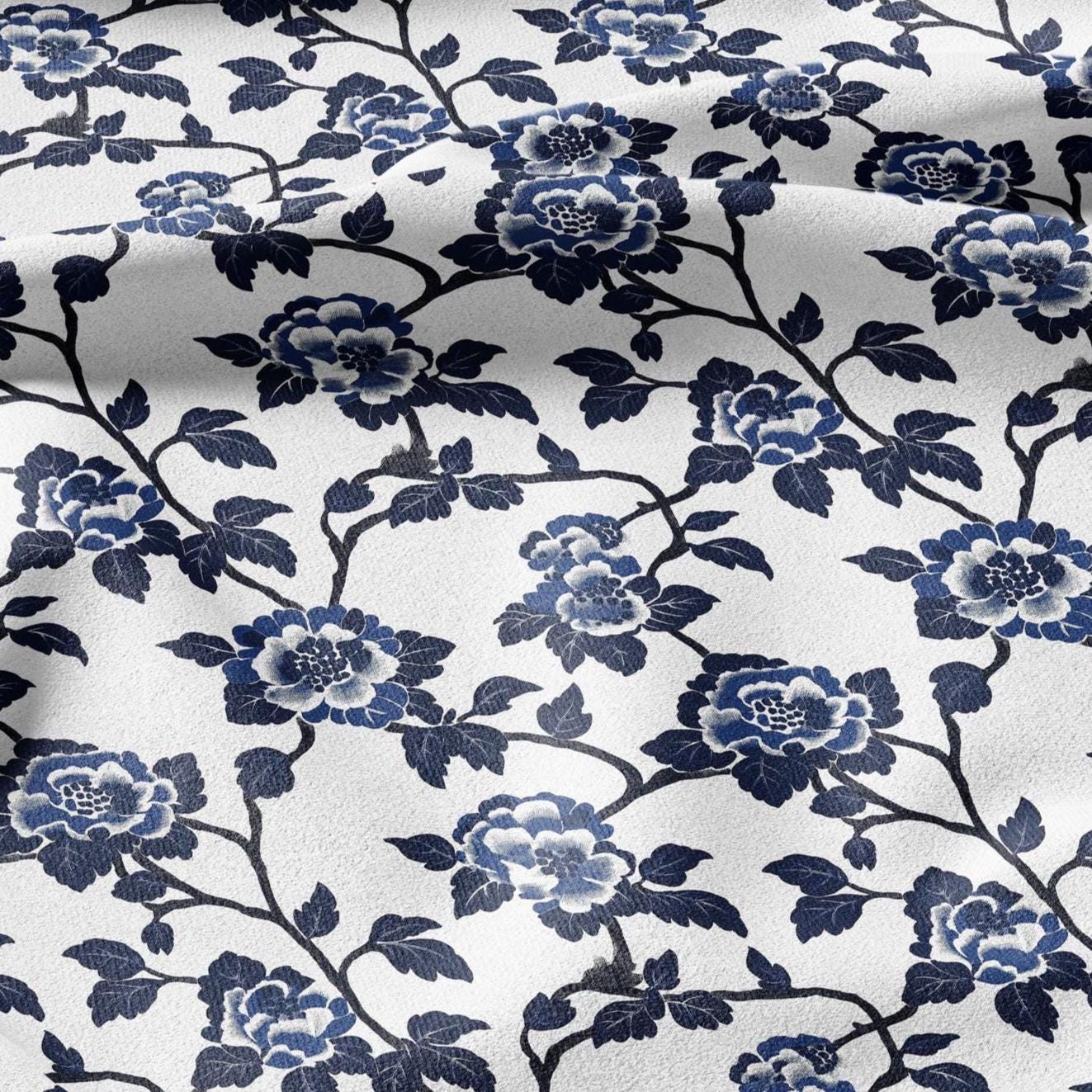 100% LINEN Fabric roses print - indigo blue white floral fabric for upholstery home decor dress making 2381
