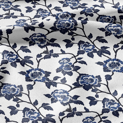 100% LINEN Fabric roses print - indigo blue white floral fabric for upholstery home decor dress making 2381