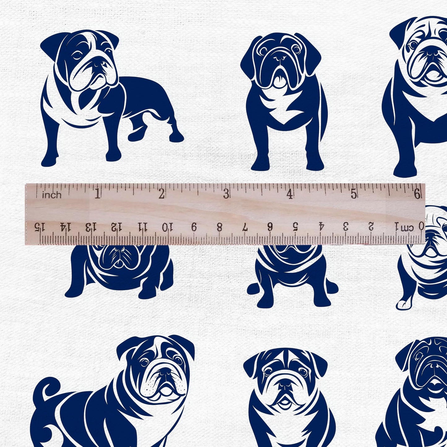 100% LINEN Fabric Block print Bulldog - animal dog upholstery home textile artisan fabrics navy blue white 2366
