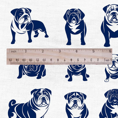 100% LINEN Fabric Block print Bulldog - animal dog upholstery home textile artisan fabrics navy blue white 2366