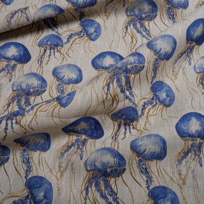 100% LINEN Fabric Jellyfish print, oatmeal linen fabric with blue grey coastal print for upholstery home decor Nautical Marine