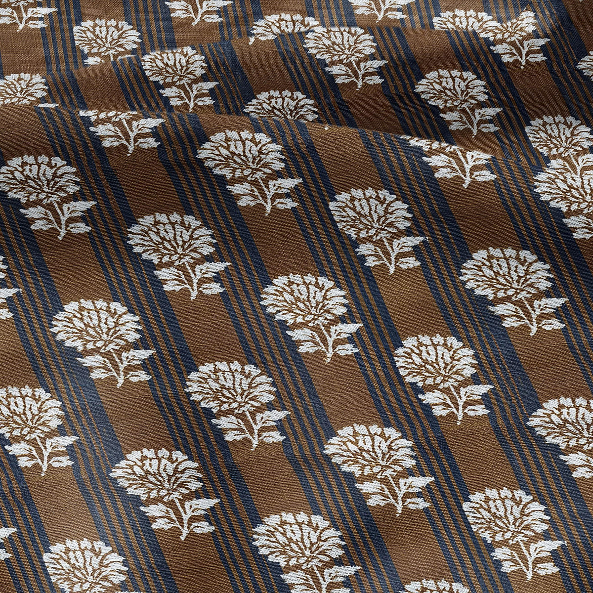 100% LINEN Fabric Brown blue flower block print - botanical textile artisan fabrics  3800