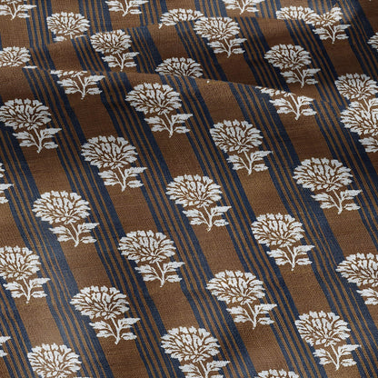100% LINEN Fabric Brown blue flower block print - botanical textile artisan fabrics  3800